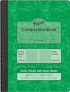 Pacon Dual Ruled Composition Book, Green, 1/4" Grid & 3/8" Wide Ruled 9-3 ⁄4" x 7-1⁄2", 100 Sheets