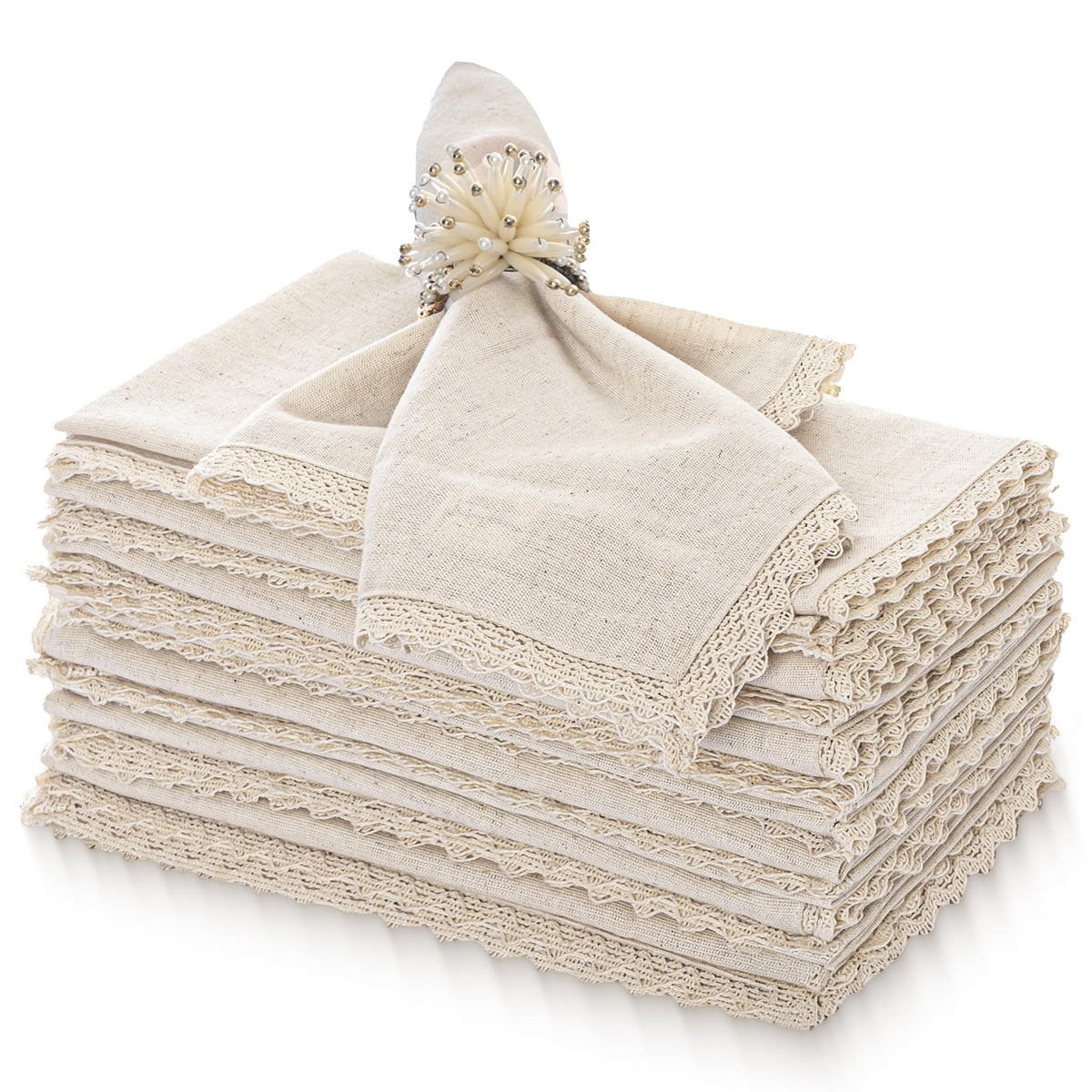 Fingercraft Cloth Napkins with Lace Trim, Cotton Linen Blend, Set of 12, Ivory