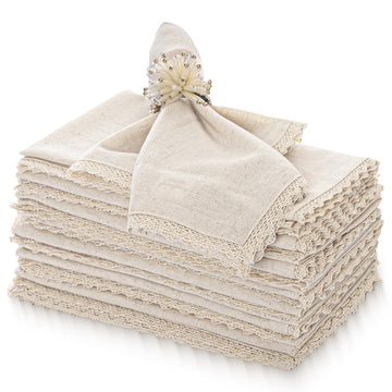 Fingercraft Cloth Napkins with Lace Trim, Cotton Linen Blend, Set of 12, Ivory