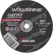Weiler 56061 3-Inch Cutting Wheel, Wolverine AO Steel/Metal Fast Cut, Value Cutting, 0.035" A60T Type 1 1/4" Arbor