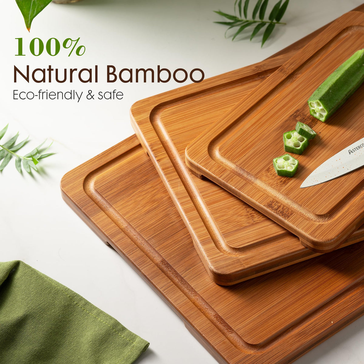 Astercook Bamboo Cutting Board Set with Stand, Deep-Carbonized, 3 Piece