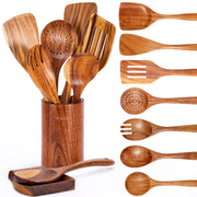 Mooues Teak Wooden Utensil Set, 9 Piece Natural Wood with Holder and Rest