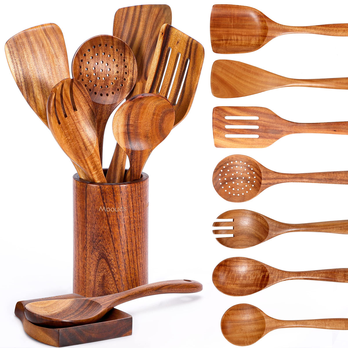 Mooues Teak Wooden Utensil Set, 9 Piece Natural Wood with Holder and Rest