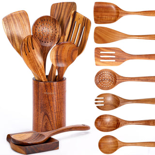 Mooues Teak Wooden Utensil Set, 9 Piece Natural Wood with Holder and Rest