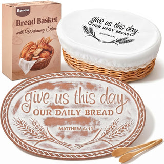 Romooa Bread Basket with Terracotta Warmer, Engraved Stone, Natural