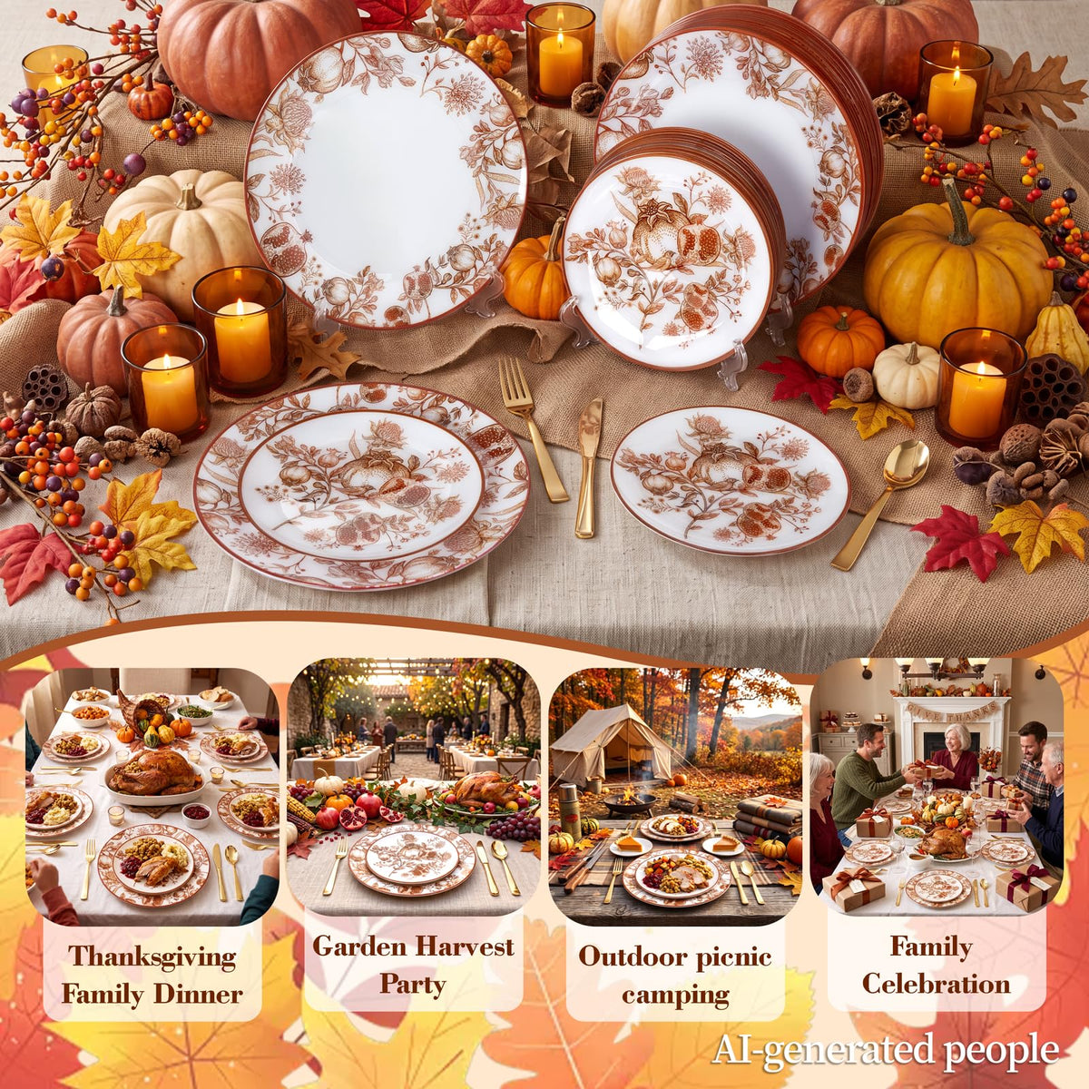 Joyido Thanksgiving Plastic Plates, Pomegranate Design, 125 Piece Set