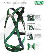 V-Form Full Body Safety Harness - Size: Standard (Medium) by MSA – Standard, Polyester, Green, Model 10197215