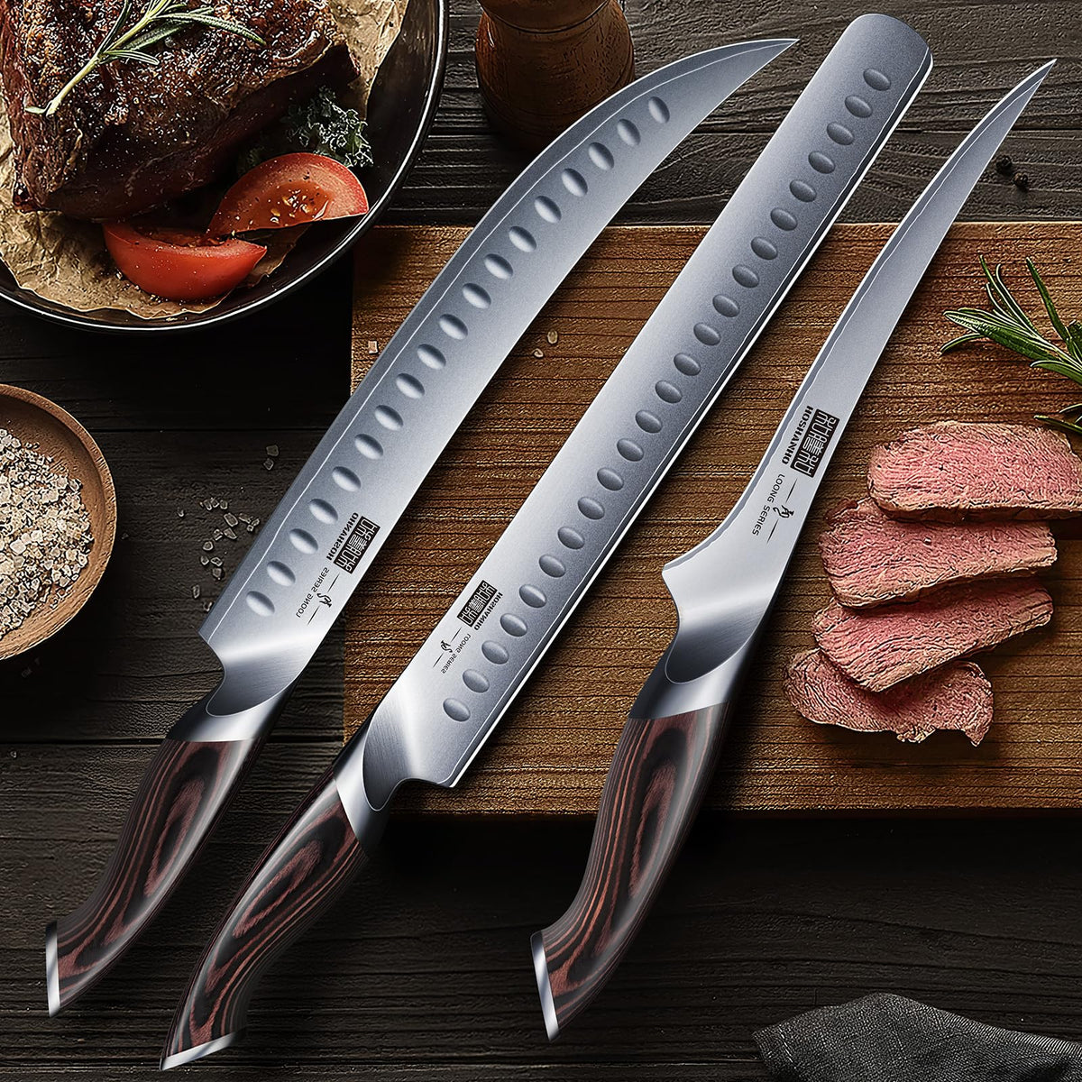 HOSHANHO Butcher Knife Set, 3 Piece High Carbon Steel, Silver