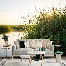 Custom Size Wall Sticker Mural， Lakeside Reeds at Sunset， Golden Hour River Landscape， Nature Reflection， Calm Water View， for wall Decoration， peelandstick wall Decals.
