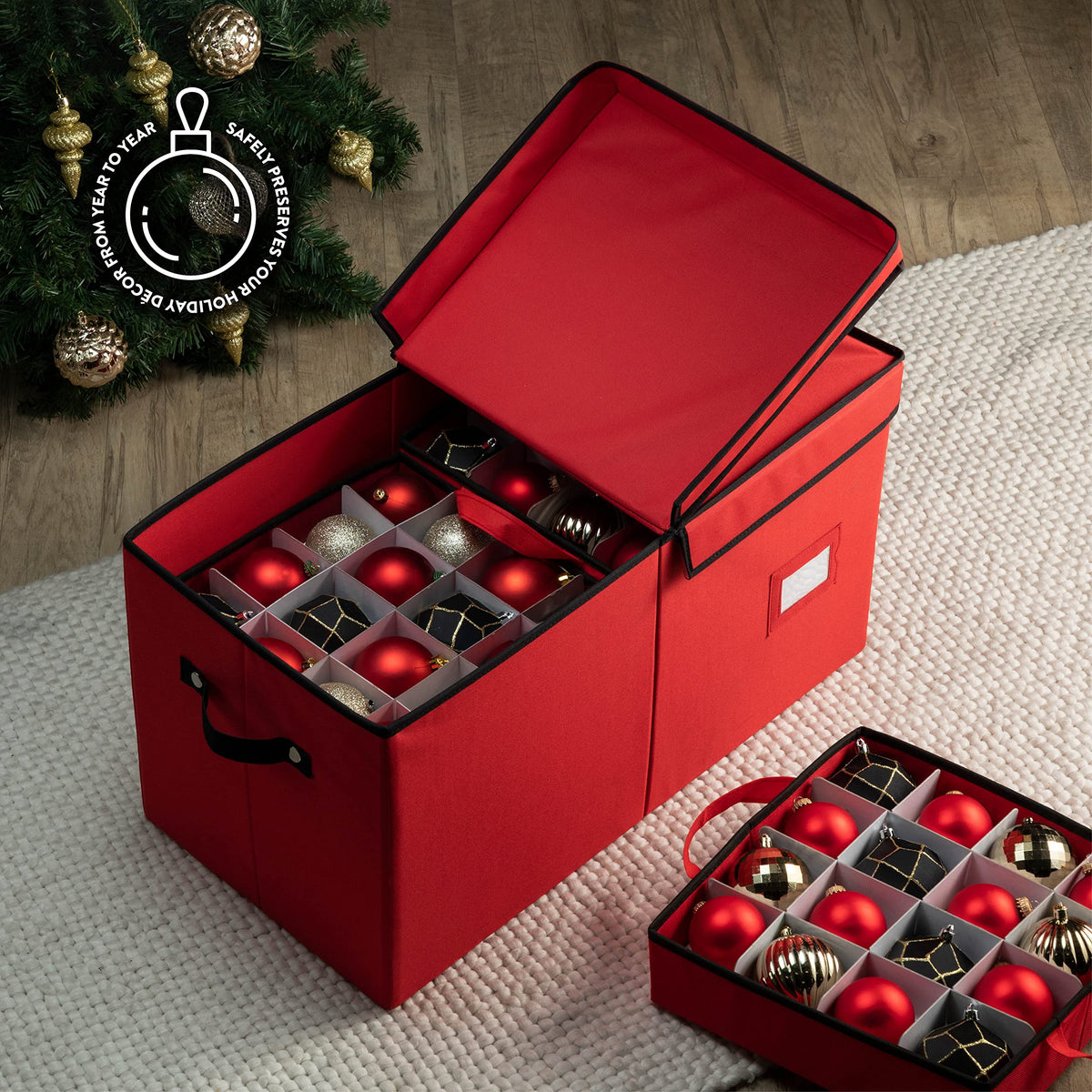 Zober Ornament Storage Box, Holds 128 3-Inch Ornaments, Red