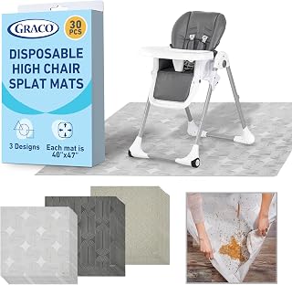 Graco Baby Disposable Splat Mats, 30 Sheets with Assorted Designs, 47" x 40", Eco-Friendly Floor Protector for Mealtime, Home & Restaurant Use