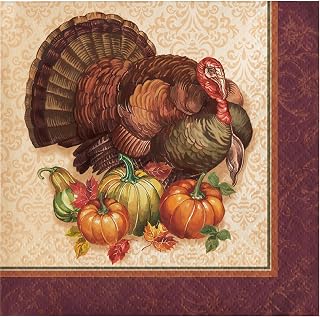 Creative Converting 331992 Thanksgiving Turkey Beverage Napkins, Brown