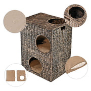 Jaxon 18" Modern Classic 2-Tier Handwoven Hyacinth Rectangular 5-Hole Cat Condo with 2 Machine-Washable Cushions by THE LICKER STORE – One Size, Water Hyacinth, Model CHS1000B