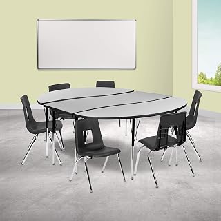 Flash Furniture Emmy 86" Oval Wave Flexible Laminate Activity Table Set with 16" Student Stack Chairs, Grey/Black | Flexible, 16 in Student Stack Chairs, Laminate