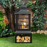 26" Square Steel Outdoor Wood Burning Fireplace - Outdoor Fireplace with Adjustable Cooking Grill & Log Storage Compartment - Camping Fire Place with Safety Screen and Poker