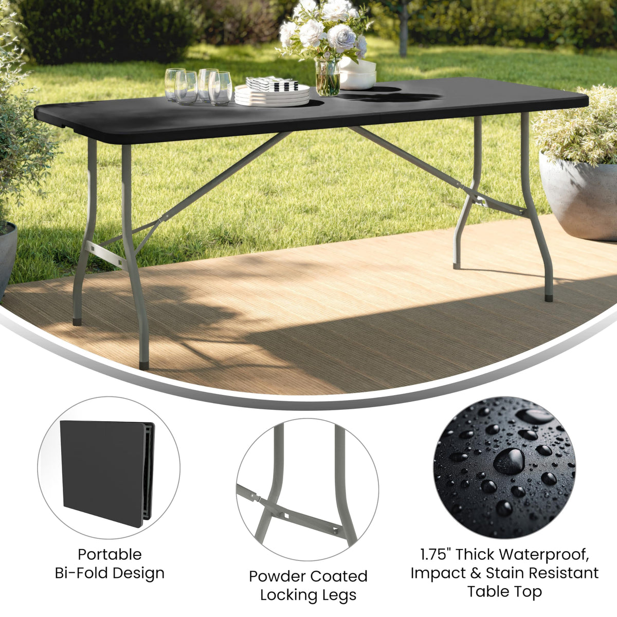 6 ft Plastic Bi-Fold Folding Table by Flash Furniture – 30"W x 72"L, Plastic, Metal, Plastic: Polyethylene, Black, Model RB-3072FH-BK-GG