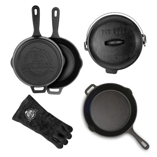 6 Piece Cast Iron Starter Kit by PIT BOSS – 10 inch, 12 inch, 10 inch camp oven, Cast Iron, Black, Pack of 6, Model 68016