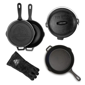 6 Piece Cast Iron Starter Kit by PIT BOSS – 10 inch, 12 inch, 10 inch camp oven, Cast Iron, Black, Pack of 6, Model 68016