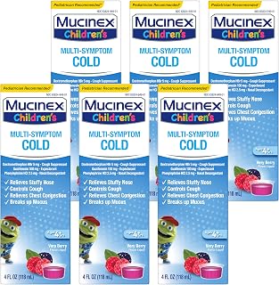 Cold and Cough, Mucinex Children's Multi-Symptom, Liquid, Very Berry Flavor, 24oz (6x4oz) Relieves Nasal & Chest Congestion, Thins & Loosens Mucus, & Controls Cough