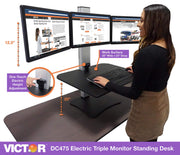 High Rise Electric Sit-Stand Standing Desk Converter by Victor – Triple Monitor, Wood, Black W/Aluminum, Model DC475