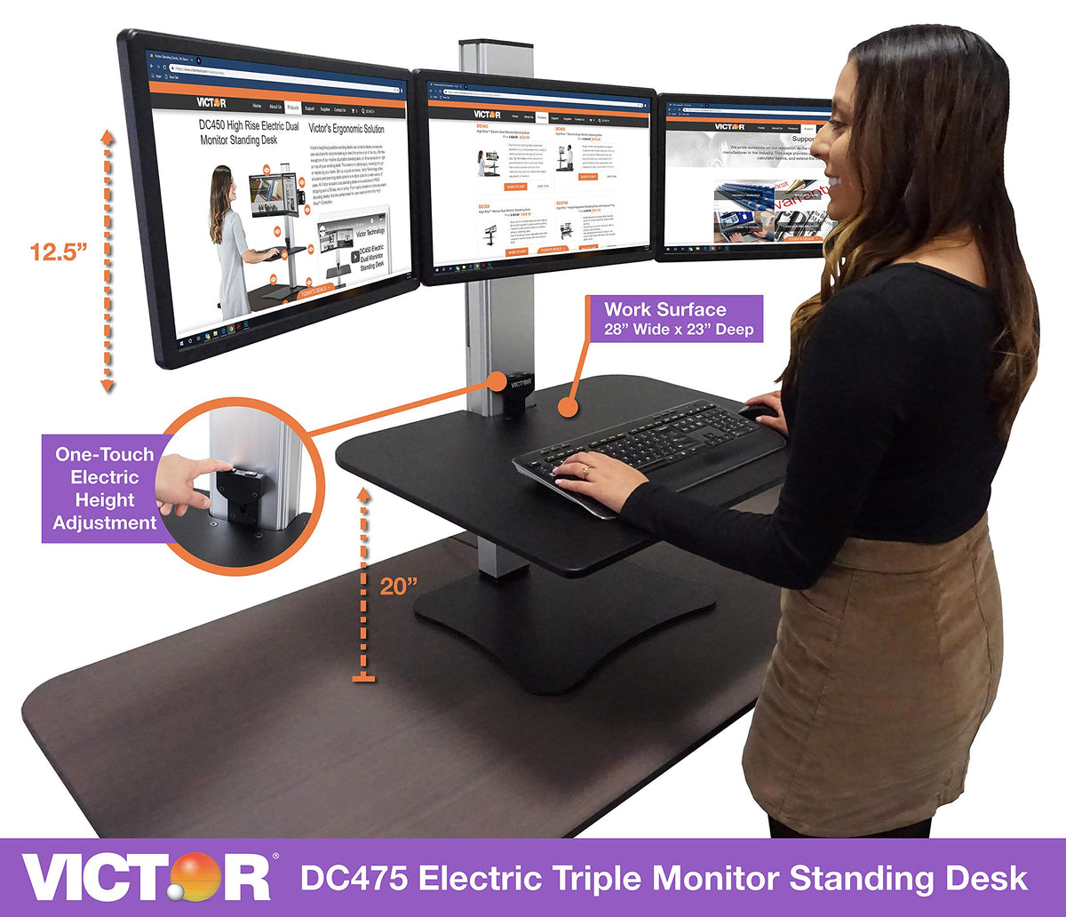 High Rise Electric Sit-Stand Standing Desk Converter by Victor – Triple Monitor, Wood, Black W/Aluminum, Model DC475