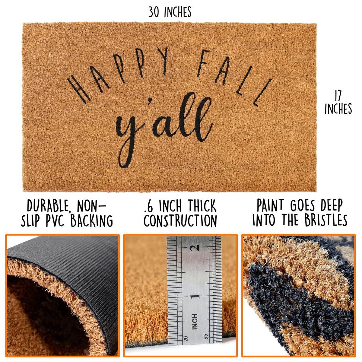 Main Event Happy Fall Y'all Doormat, Coir Fiber, 30 x 17 Inches
