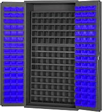 Durham 3501-DLP-72/40B-96-5295 Lockable Cabinet with 96 Blue Hook-On Bins, Flush Door Style, 112 Pigeon Hole Bins, 36" Wide, 14 Gauge, Gray