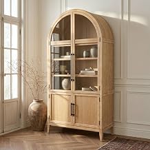 Furniture of America Vrusales Modern 89-inch Tall 4-Door Solid Wood Glass Door Cabinet, Wooden Cabinet with Arched Frame and 6 Adjustable Shelves for Living Room, Home Office, Natural