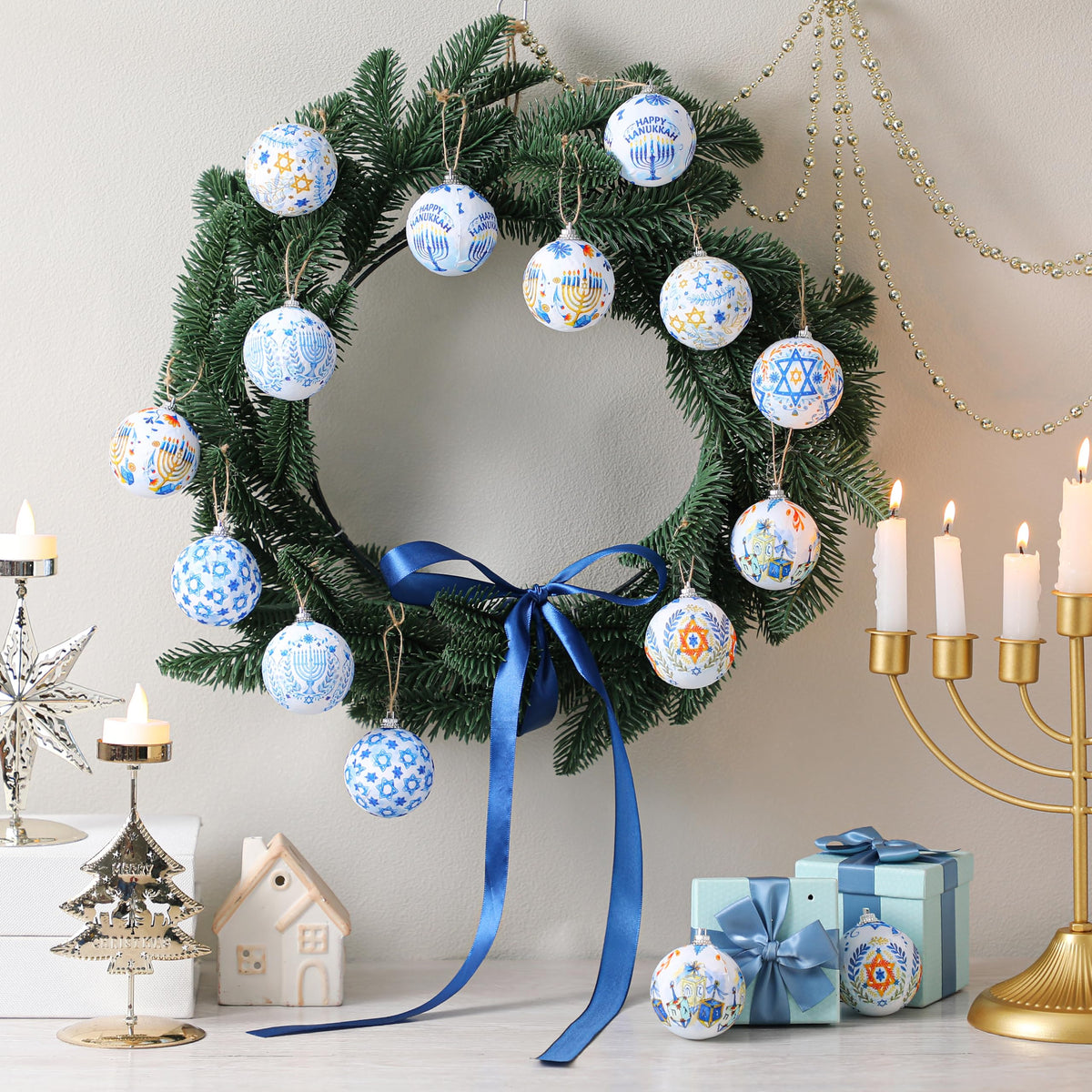 Outus Hanukkah Ball Ornaments, 16 Pack, Blue and White with Star of David