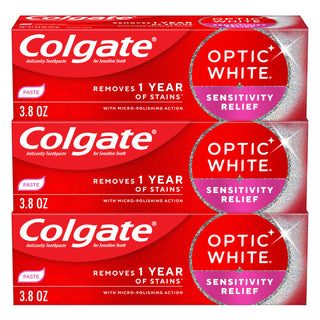 Optic White Sensitivity Relief Whitening Toothpaste by Colgate – 3.8 Ounce (Pack of 3), White, Pack of 3, Model 61057796