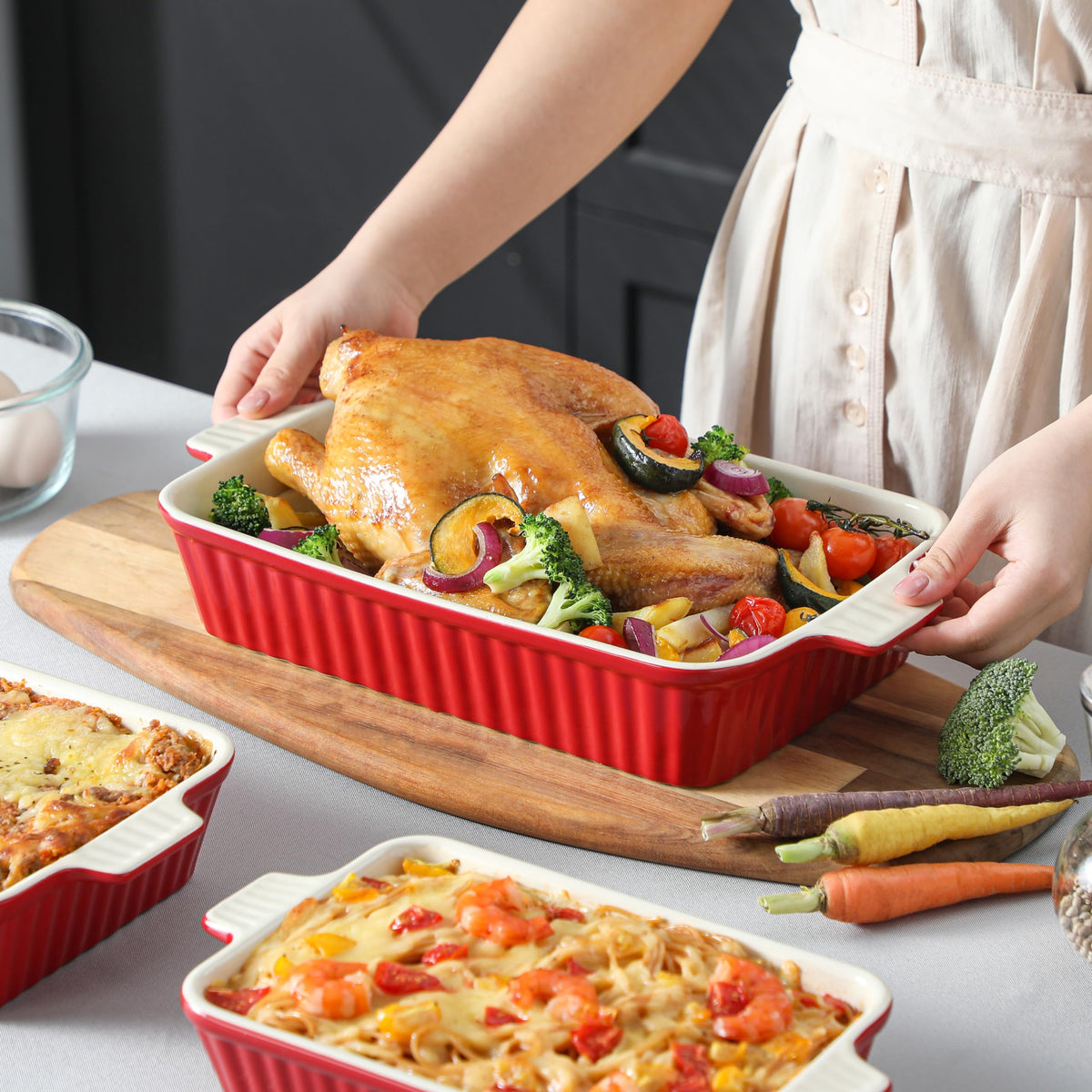 Malacasa Ceramic Casserole Dish Set, 4 Sizes with Handles, Red