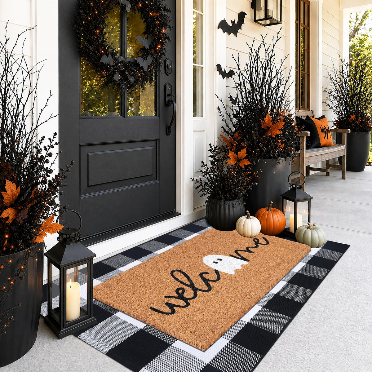 Fallovea Halloween Doormat Set, Coir Welcome Ghost Mat with Plaid Rug, Black and White