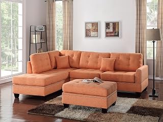 Modern Living Room Sectional Sofa 3-Piece, Reversible Chaise, Ottoman, Tufted Polyfiber Linen-Like Fabric, Citrus Color, Cushions Included