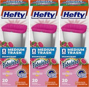 Hefty Medium Trash Bags, 8 Gallon, Pink, Fabuloso Watermelon Scented Garbage Bags with Drawstring Closure, 20 Bags (Pack of 3)