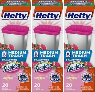 Hefty Medium Trash Bags, 8 Gallon, Pink, Fabuloso Watermelon Scented Garbage Bags with Drawstring Closure, 20 Bags (Pack of 3)