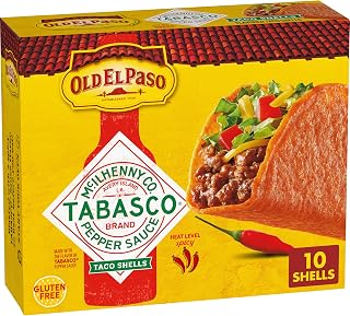Old El Paso Tabasco Flavored Taco Shells, Gluten Free, 10 Ct, 5.4 oz | Spicy, Tabasco Brand Pepper Sauce Flavor, Flat Bottom Stands Upright for Easy Filling, Oven-Ready in Minutes, Gluten Free