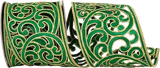 Reliant Ribbon Embroidery Cutout Opulence Wired Edge Ribbon, Holiday Green/Gold