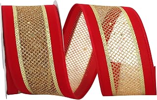 Reliant Ribbon Velvet Mesh Middle Wired Edge Ribbon, 2-1/2 Inch X 10 Yards, Red/gold