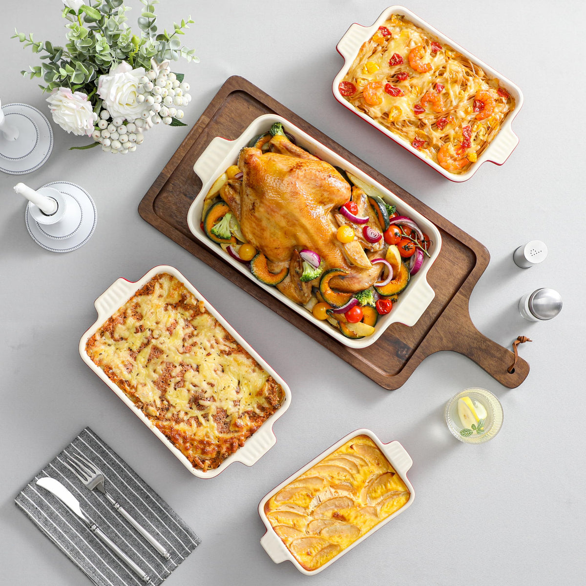 Malacasa Ceramic Casserole Dish Set, 4 Sizes with Handles, Red