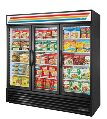 Triple Swing Glass Door Merchandiser Freezer with Hydrocarbon Refrigerant and LED Lighting by True – White, Model GDM-72F-HC~TSL01