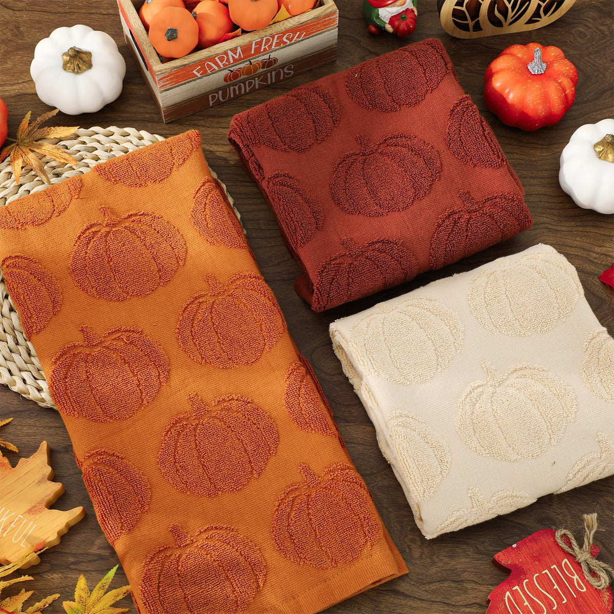 Whaline Fall Hand Towels, 3 Piece Set, Pumpkin Jacquard, Beige Orange Brown