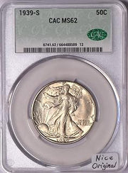 1939-S Walking Liberty Half Dollar CAC MS-62; Nice Original