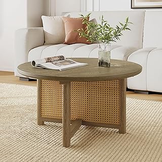 32" Hand Woven Rattan Coffee Table, Round Coffee Table with Smooth Polished Edges, Mesa De Centro para Sala with Simple Maintenance for Indoor Home Office use, Wood