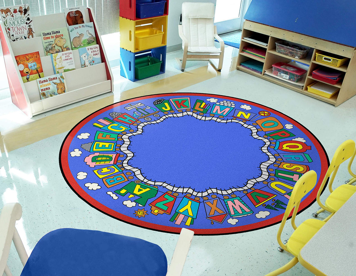 Kid Essentials Language & Literacy Reading Train Rug by Joy Carpets – 13'2" (Round), Nylon, Multicolored, Model 1429XLE-01