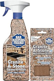 Bar Keepers Friend Stone & Granite Cleaner and Polish (25.4 oz) Plus 1 Microfiber Cloth, 2pc Cleaning Kit, Multi Surface Cleaner for Use on Natural, Manufactured & Polished Stone Countertops