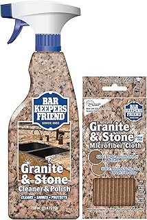 Bar Keepers Friend Stone & Granite Cleaner and Polish (25.4 oz) Plus 1 Microfiber Cloth, 2pc Cleaning Kit, Multi Surface Cleaner for Use on Natural, Manufactured & Polished Stone Countertops