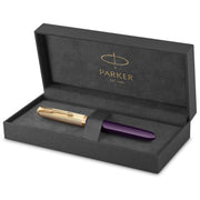 51 Fountain Pen | Deluxe Plum Barrel with Gold Trim | Fine 18k Gold Nib with Black Ink Cartridge | Gift Box by Parker – 1 Count (Pack of 1), Resin, Plum, Model 2123516