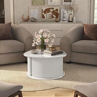 Elara Modern 29-inch Triangle Coffee Table with Wood Tabletop, Fluted Pedestal Base and Hidden Storage for Small Space, Living Room, Home Office, Glossy White