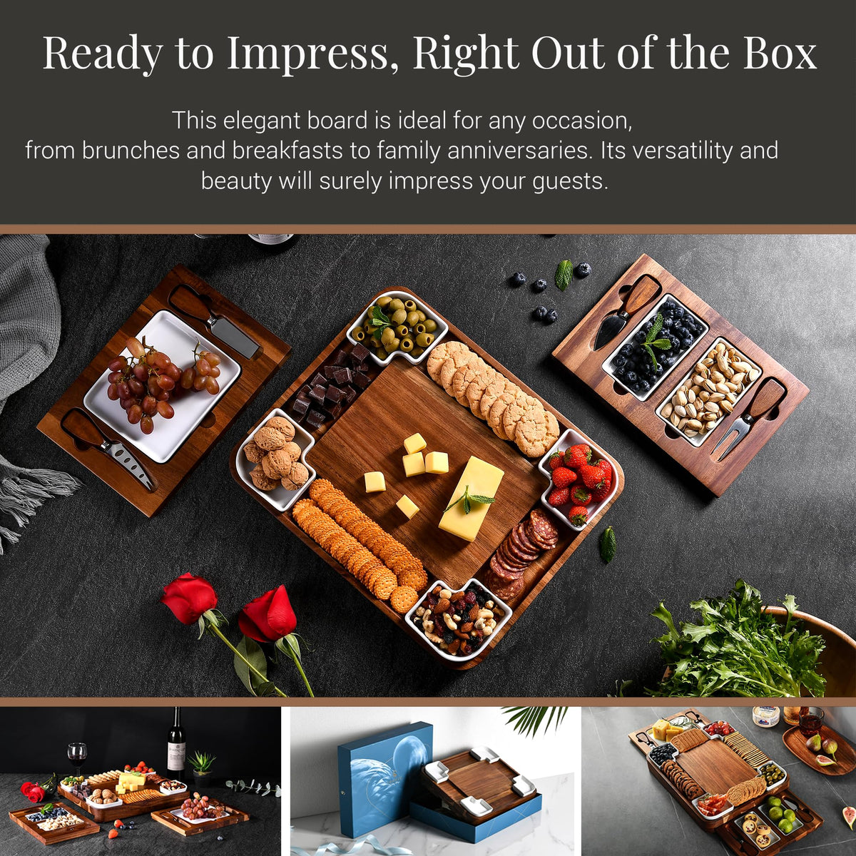 Shanik Acacia Cheese Board Set, Square Charcuterie Platter with Hidden Drawers, Brown