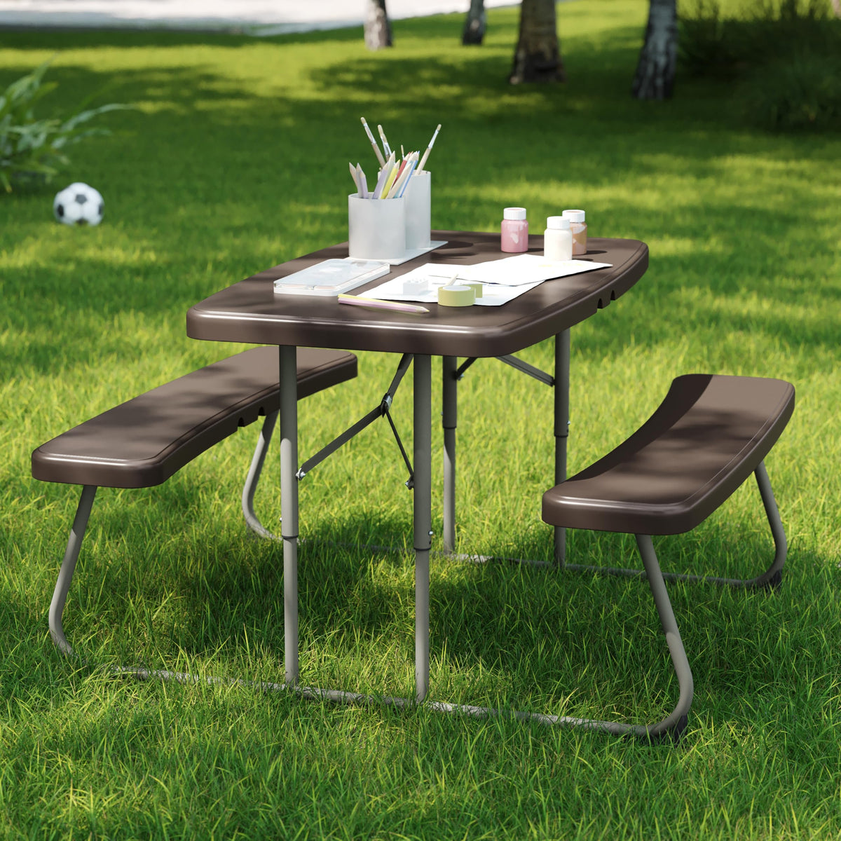 Kids Commercial Grade Plastic Folding Picnic Table by Flash Furniture – Set of 1, Plastic, Steel, Plastic: Polyethylene, Brown, Model RB-EBB-2432FD2-BR-GG